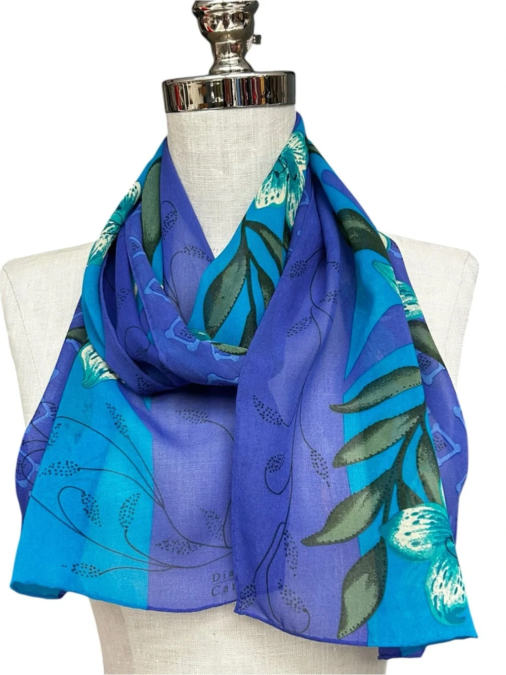 Vintage Silk Floral Oblong Scarf Blue Purple Tropical Flower Sheer